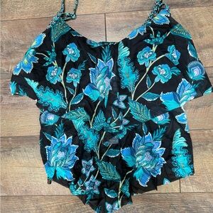 Beach House Black Swimwear with Teal and Blue Floral Accent
